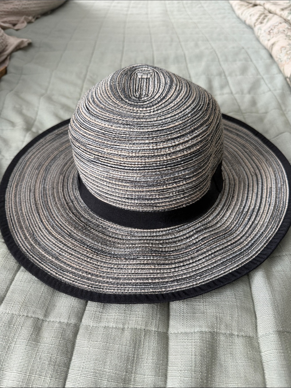 Neutral Striped Wide-Brim Sun Hat with Black Band